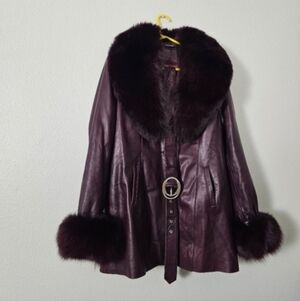 Women's Plum Leather Coat with Fur Trim Sz XL